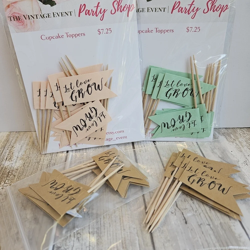 48 Let Love Grow Cupcake Toppers - Green, Pink, Brown